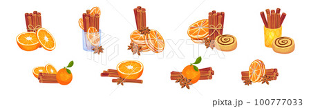 Dried Cinnamon Bark Strips or Sticks with Orange Slices and Sweet Bun Vector Set 100777033