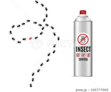 Black Ant Road Trail and Realistic Detailed 3d Mosquito Insect Repellent Bottle. Vector Black Ant Road Trail and Realistic Detailed 3d Mosquito Insect Repellent Bottle. Vector 100777669