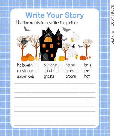Write a story the English language grammar elementary level for kids, learning concept vector illustration, educational worksheet describe a picture using topical vocabulary words Halloween holiday 100779079