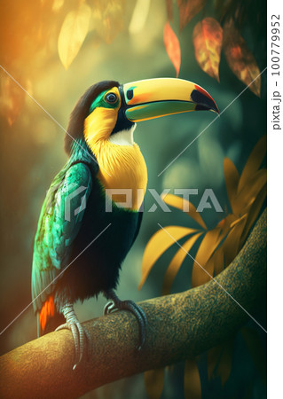 Exotic toucan bird in tropical forest, bright animal in jungle close-up, generative AI 100779952