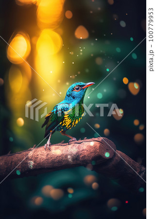 Exotic bird in tropical forest, bright animal in jungle close-up, generative AI. 100779953