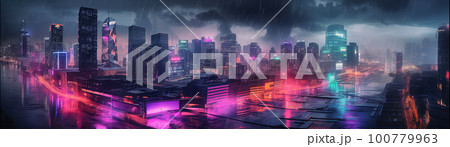 Cyber city skyline at night, panoramic view of...のイラスト素材 [100779963 ...