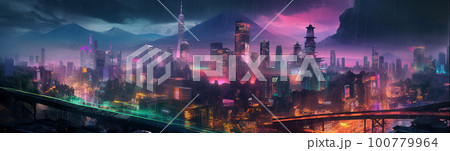Cyber city skyline at night, panoramic view of...のイラスト素材 [100779964 ...