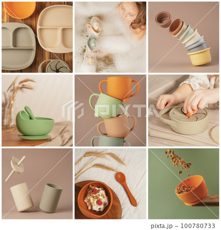 Collage of nine photos in beige colors with eco friendly baby accessories. Silicone crockery, plastic bath toys Collage of nine photos in beige colors with eco friendly baby accessories. Silicone crockery, plastic bath toys 100780733