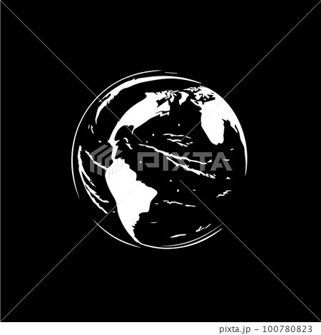 Earth logo template, globe world round emblem, save planet icon. Global planet sphere hand drawing emblem on black background, monochrome sketch art. Vector illustration 100780823