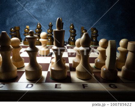 Chess board with figures. Wooden chess. Board games. Location of opponents. Counter strategy. 100785622