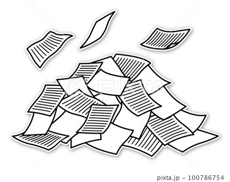 ヒラヒラと舞う紙と書類が乱雑に積まれた山　罫線・エンボス加工 100786754