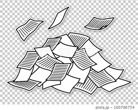 ヒラヒラと舞う紙と書類が乱雑に積まれた山　罫線・エンボス加工 100786754