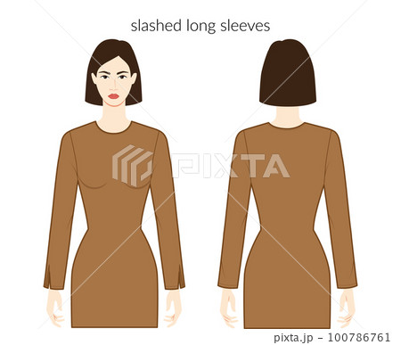 Slashed sleeves long length clothes character beautiful lady in brown top, shirt, dress technical fashion illustration Slashed sleeves long length clothes character beautiful lady in brown top, shirt, dress technical fashion illustration 100786761