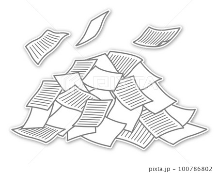 ヒラヒラと舞う紙と書類が乱雑に積まれた山 グレーライン・罫線・エンボス加工 ヒラヒラと舞う紙と書類が乱雑に積まれた山 グレーライン・罫線・エンボス加工 100786802