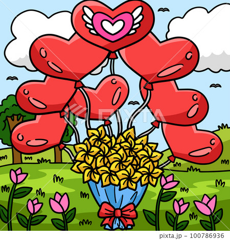 Wedding Bouquet With Balloon Heart Colored Cartoon Wedding Bouquet With Balloon Heart Colored Cartoon 100786936