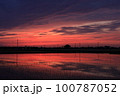 夕焼けのオレンジに染まる水田 100787052