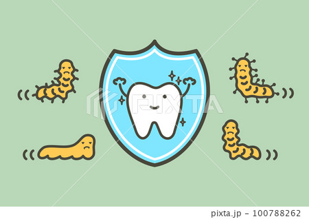 Healthy tooth by protection bacteria, microbe or virus by shield - dental cartoon vector flat style 100788262