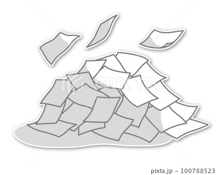 ヒラヒラと舞う紙と書類が乱雑に積まれた山　グレーライン・エンボス加工・影付き 100788523