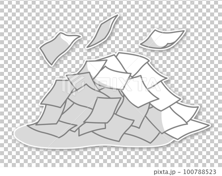 ヒラヒラと舞う紙と書類が乱雑に積まれた山　グレーライン・エンボス加工・影付き 100788523