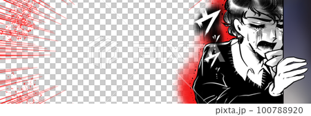 A wide-size illustration of a 70's girl's cartoon handsome man witnessing something through a gap in the wall and crying loudly 100788920