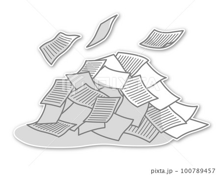 ヒラヒラと舞う紙と書類が乱雑に積まれた山　グレーライン・罫線・エンボス加工・影付き 100789457
