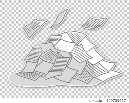 ヒラヒラと舞う紙と書類が乱雑に積まれた山　グレーライン・罫線・エンボス加工・影付き 100789457