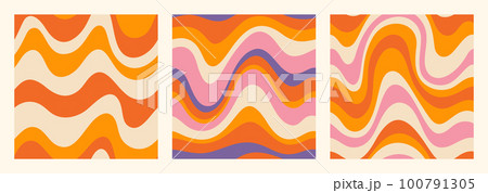 Groovy Waves Seamless Patterns Set. Psychedelic Abstract Curved Vector Background in 1970s Hippie Retro Style 100791305