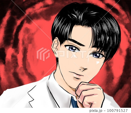 怪しみ目を光らせ何かを見つめる白衣姿の黒髪イケメンドクターのカラー漫画イラスト暗雲背景 100791527