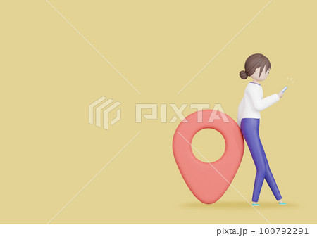 3DCG｜スマホの位置情報サービスを使って現在地の周辺にあるお店を検索する若い女性 100792291