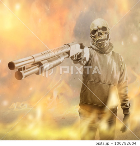 Man wearing a mask holding a gun 100792604