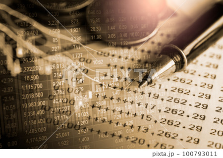 Stock market or forex trading graph and candlestick chart suitable for financial investment concept. Economy trends background for business idea and all art work design. Abstract finance background.. 100793011