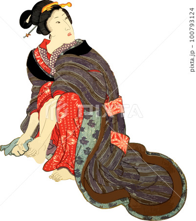 手ぬぐいで足を拭く女性1 100793124