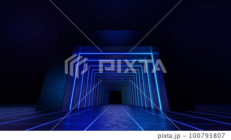 3d technology abstract neon light background, empty space scene, spotlight, dark night, virtual reality, cyber futuristic sci-fi background, street floor studio for mock up. colored geometric. 100793807