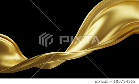 Gold fabric flying in the wind isolated on black background 3D render 100794558