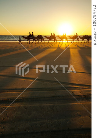 インド洋に沈む夕日で影が伸びるキャメルライドの風景 インド洋に沈む夕日で影が伸びるキャメルライドの風景 100794722