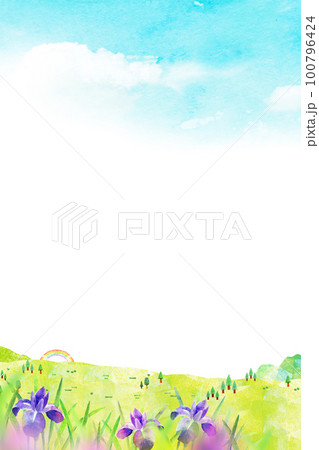 あやめが咲く丘 水彩イラスト 背景素材 あやめが咲く丘 水彩イラスト 背景素材 100796424