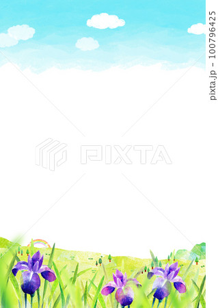 あやめが咲く丘 水彩イラスト 背景素材 あやめが咲く丘 水彩イラスト 背景素材 100796425