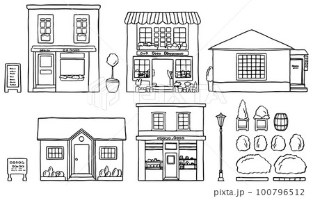 手描き線画の店のセット　 ベクター素材 100796512