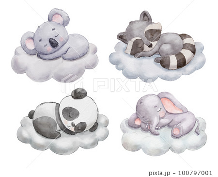 Cute dreaming elephant, koala, raccoon and panda on cloud. Cartoon hand drawn watercolor illustration set. Baby animals 100797001