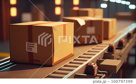 Row of brown boxes on conveyor belt in a big warehouse, Cardboard boxes in logistics warehouse, Packed courier on production line against, Generative AI Row of brown boxes on conveyor belt in a big warehouse, Cardboard boxes in logistics warehouse, Packed courier on production line against, Generative AI 100797399