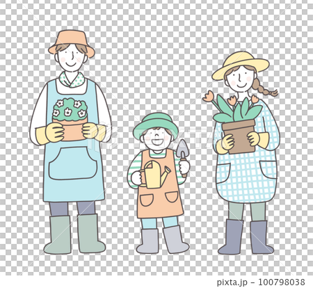 家庭菜園を楽しむ家族 100798038