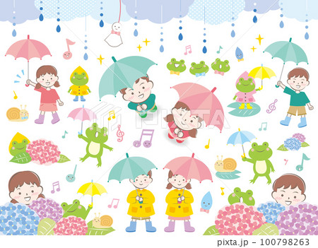 雨の日に傘をさしている子供たちと蛙・紫陽花などのイラストセット 100798263