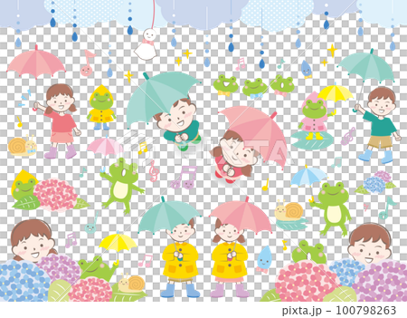 雨の日に傘をさしている子供たちと蛙・紫陽花などのイラストセット 100798263