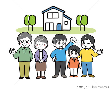 家の前に立つ笑顔の老夫婦と子供のいる若い家族の5人(全身) 100798293
