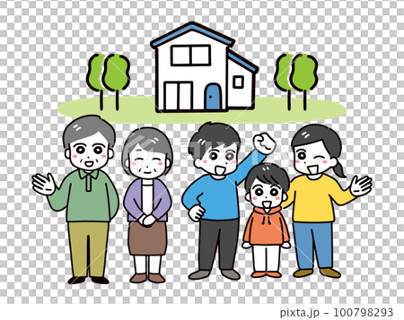 家の前に立つ笑顔の老夫婦と子供のいる若い家族の5人(全身) 100798293