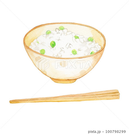 手描き水彩の美味しそうな豆ご飯と箸のイラスト 100798299