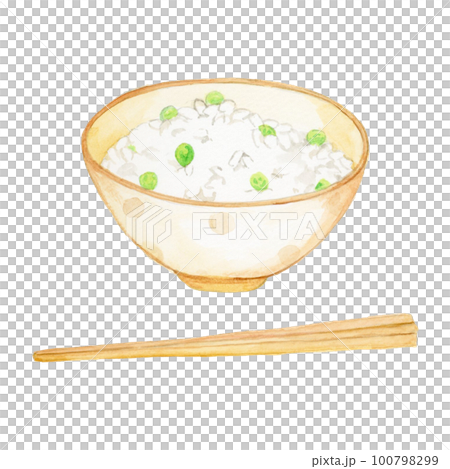 手描き水彩の美味しそうな豆ご飯と箸のイラスト 100798299