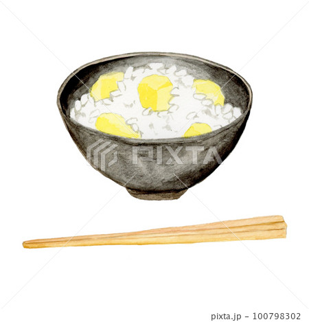 手描き水彩の美味しそうな栗ご飯と箸のイラスト 手描き水彩の美味しそうな栗ご飯と箸のイラスト 100798302