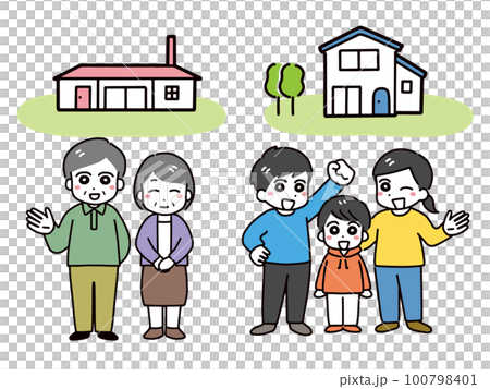 A house for two elderly couples and a young family of three with children (full body) 100798401
