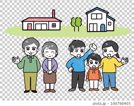 An elderly couple and a young family with children living in separate houses on the same property (full body) 100798403