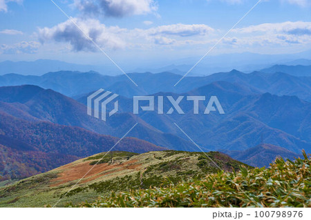 秋の新潟県(群馬県)の平標山山頂から南側(三国山,稲包山,赤沢山など)を見る 100798976