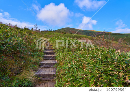 秋の群馬県の平標山の家付近から北側の稜線越しの眺望(平標山方面) 100799364