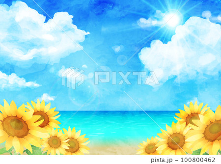 水彩のひまわりと海と砂浜のベクターイラスト背景 100800462