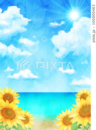 水彩のひまわりと海と砂浜のベクターイラスト背景 水彩のひまわりと海と砂浜のベクターイラスト背景 100800463